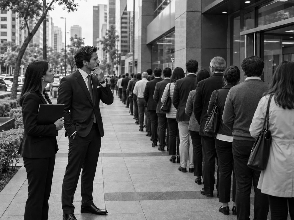 Un hombre joven de terno, de pie en la vereda, observa con curiosidad una larga fila de personas frente a una agencia bancaria; a su lado, su asistente sostiene una carpeta.