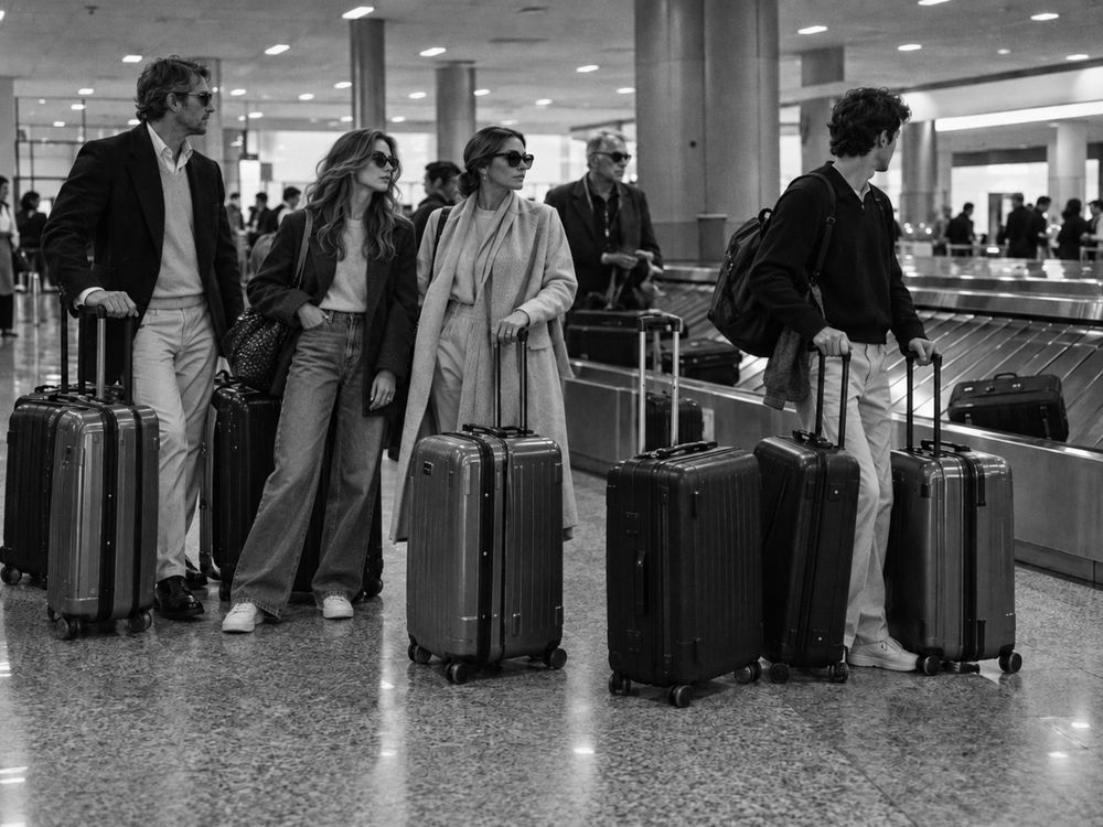 Familia de adultos en la faja de equipajes de un aeropuerto, rodeada de maletas nuevas.
