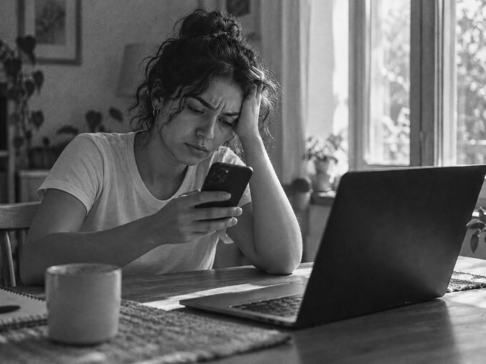 Una persona frustrada mira su celular, sentada frente a una computadora apagada.