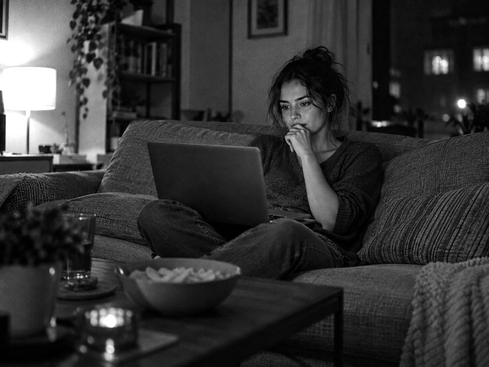 Una mujer de noche en el sofá, con la laptop sobre las piernas, mirando la pantalla sin decidirse.