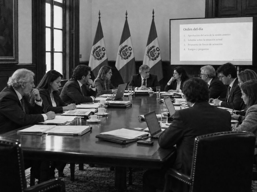 Mesa larga de reunión institucional con once personas sentadas y banderas al fondo.