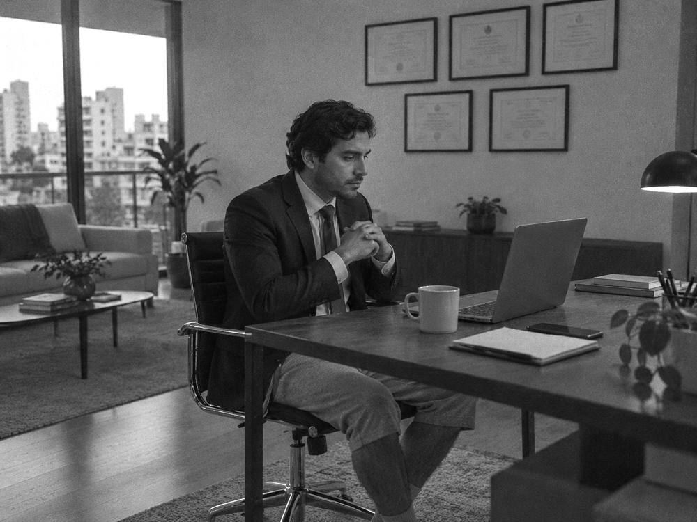 Hombre con terno y corbata arriba y short de buzo abajo, esperando frente a la laptop, con una pared de diplomas detrás.