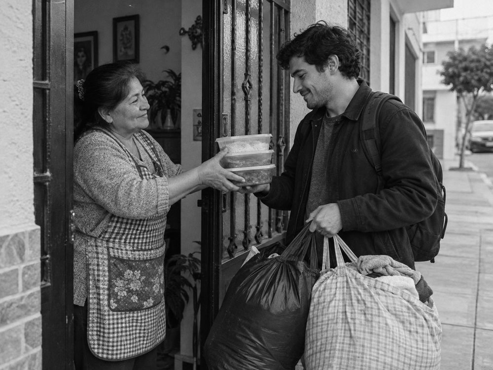 Un hombre de unos 34 años en la puerta de una casa, con dos bolsas de ropa, recibiendo tuppers de su madre.