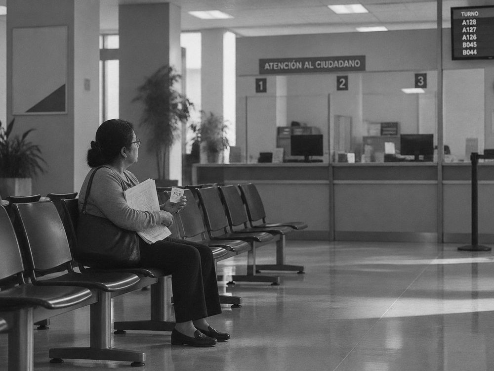 Una persona en la sala de espera de una oficina pública, con un fólder de papeles impresos y un ticket en la mano.